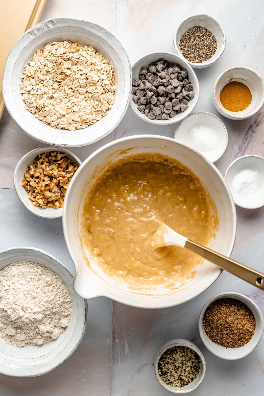 ingredients for healthy breakfast cookies in bowls