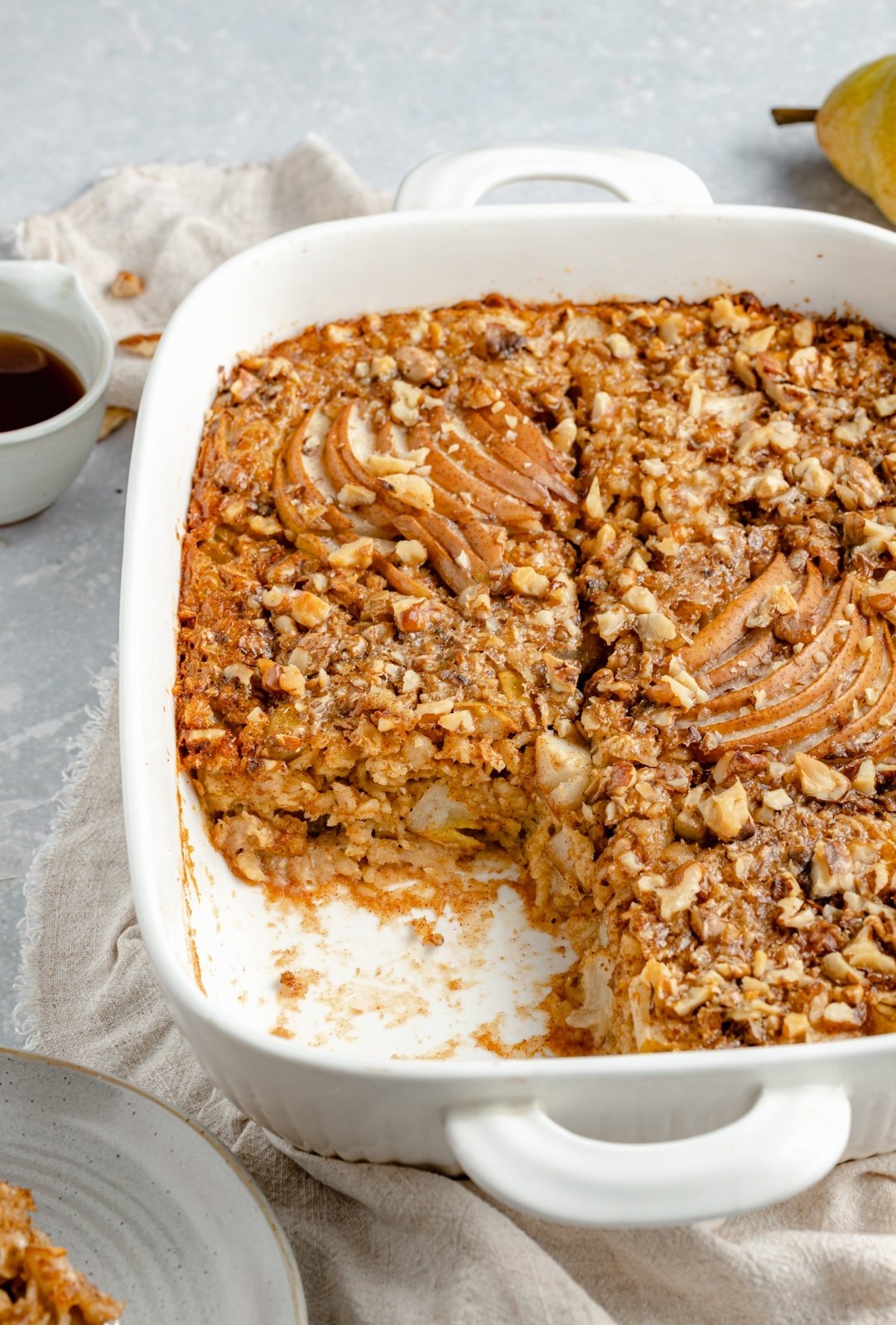 pear baked oatmeal in a baking dish