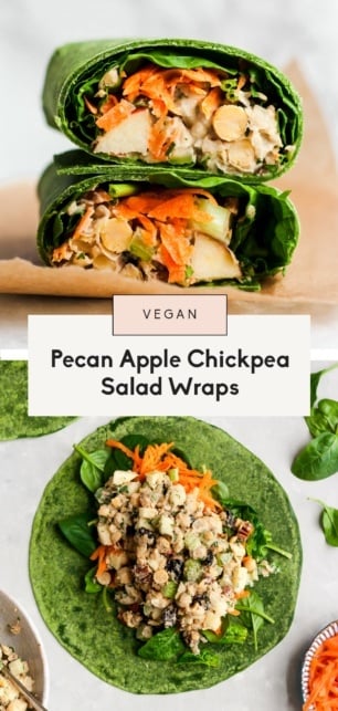 collage of vegan apple chickpea salad wraps