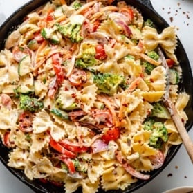 vegan pasta primavera in a skillet