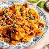 plate of pasta with veggie-packed meat sauce