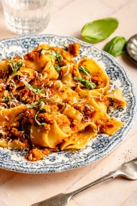 plate of pasta with veggie-packed meat sauce